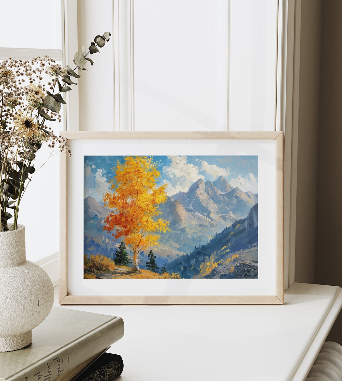 Blazing Orange Aspen Tree Jagged Peaks Bright Blue Sky Poster - Image 6