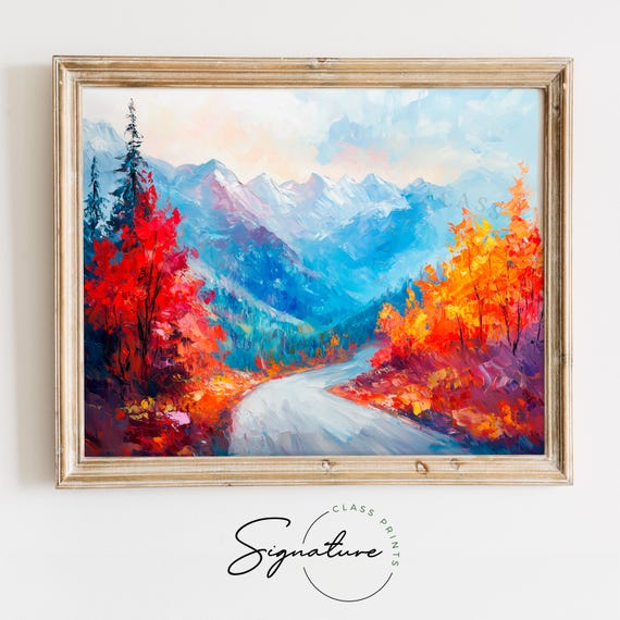 Moody Autumn Mountain Road Painting Vibrant Fall Colors Rustic Nature Scene Art Print Cozy Fall Wall Decor 1626