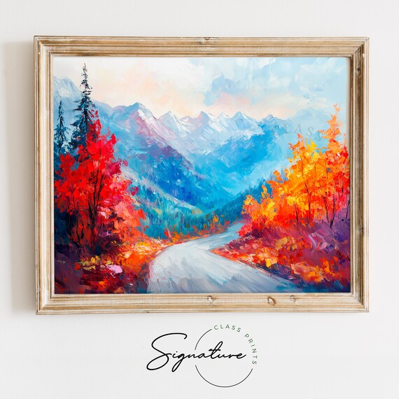 Mountain Road Autumn Painting Vibrant Fall Foliage Blue Peaks Landscape Poster