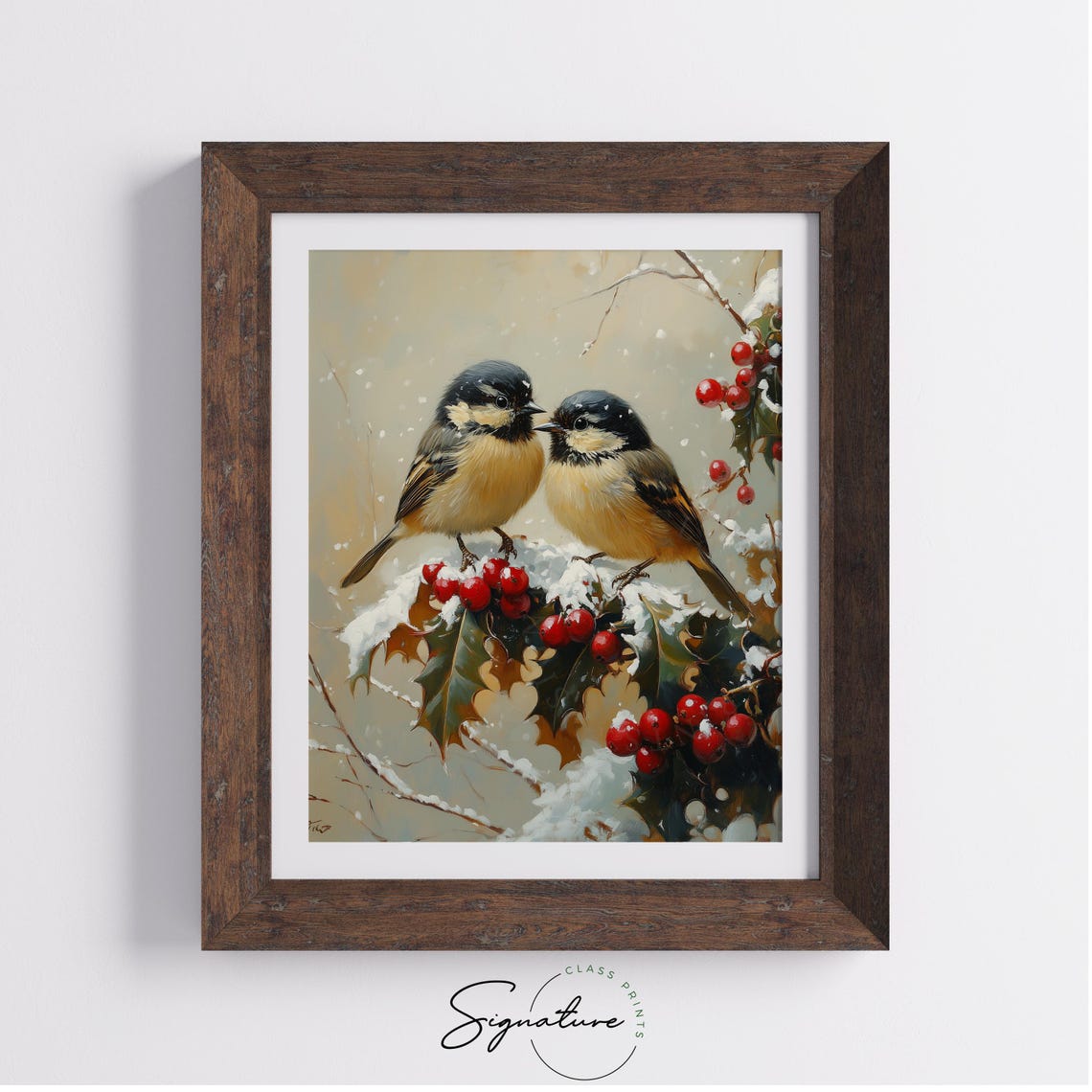 Two Chickadees With Holly And Berries On Snowy Branch Poster - Image 2