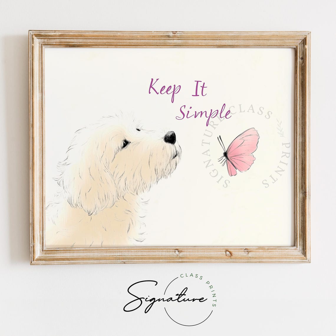 Keep It Simple Fluffy White Dog Pink Butterfly Calm Minimal Wall Art