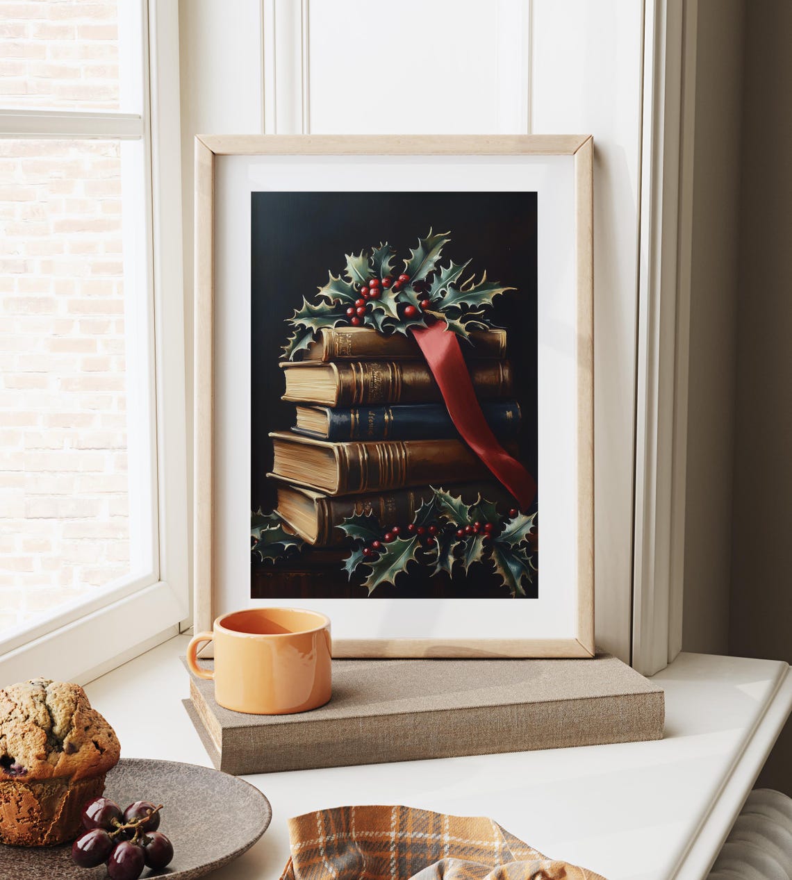 Stack Of Vintage Books With Red Ribbon And Holly Holiday Poster - Image 2