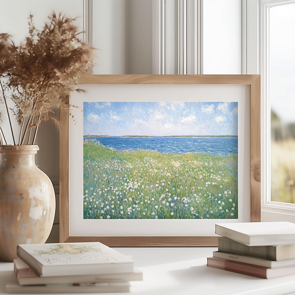 White Wildflowers By Coastal Water Blue Sea Summer Impressionist Poster - Image 2