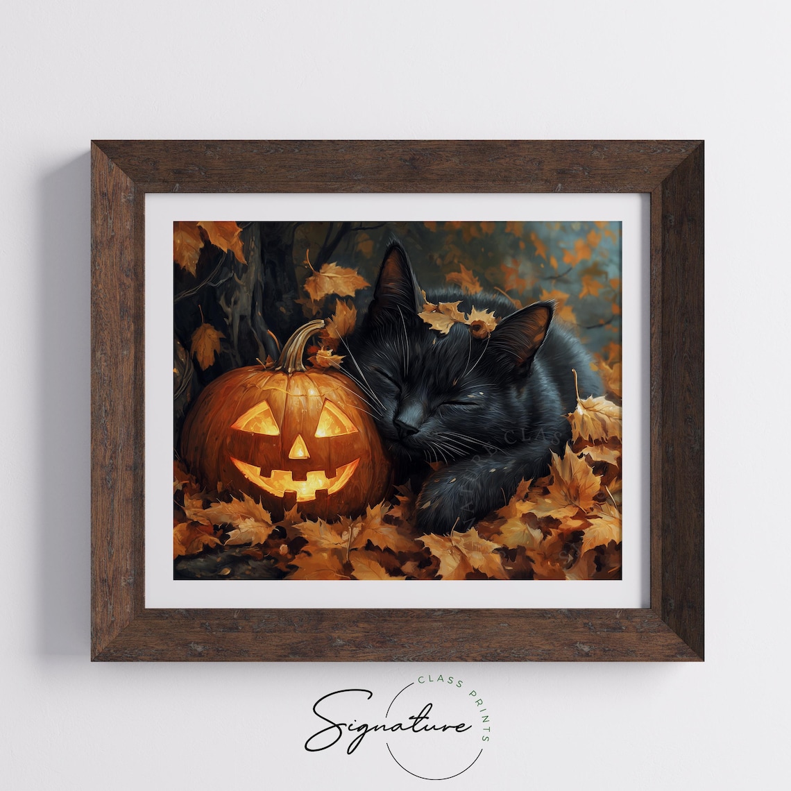 Sleeping Black Cat Nestled Against a Glowing Pumpkin in Fall Leaves Poster - Image 5