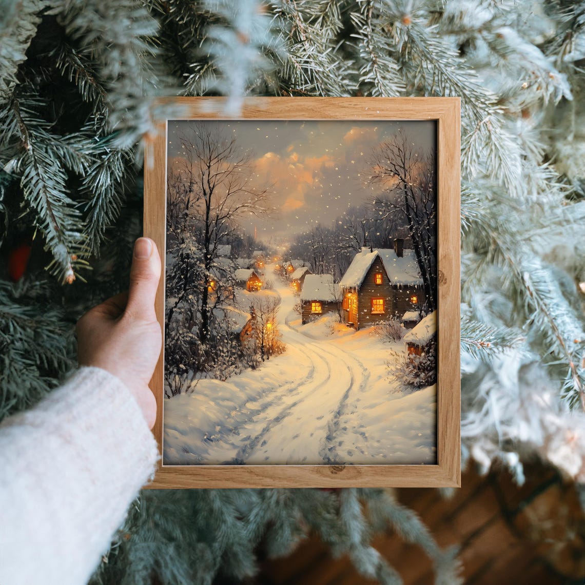 Snowy Village Lane at Dusk with Glowing Cottages Pink Sky Poster - Image 6
