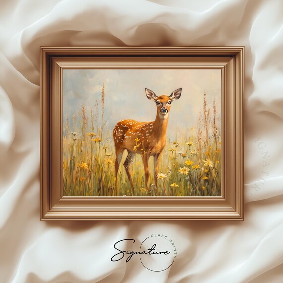 Spotted Fawn in Golden Wildflower Meadow Soft Wildlife Painting Print