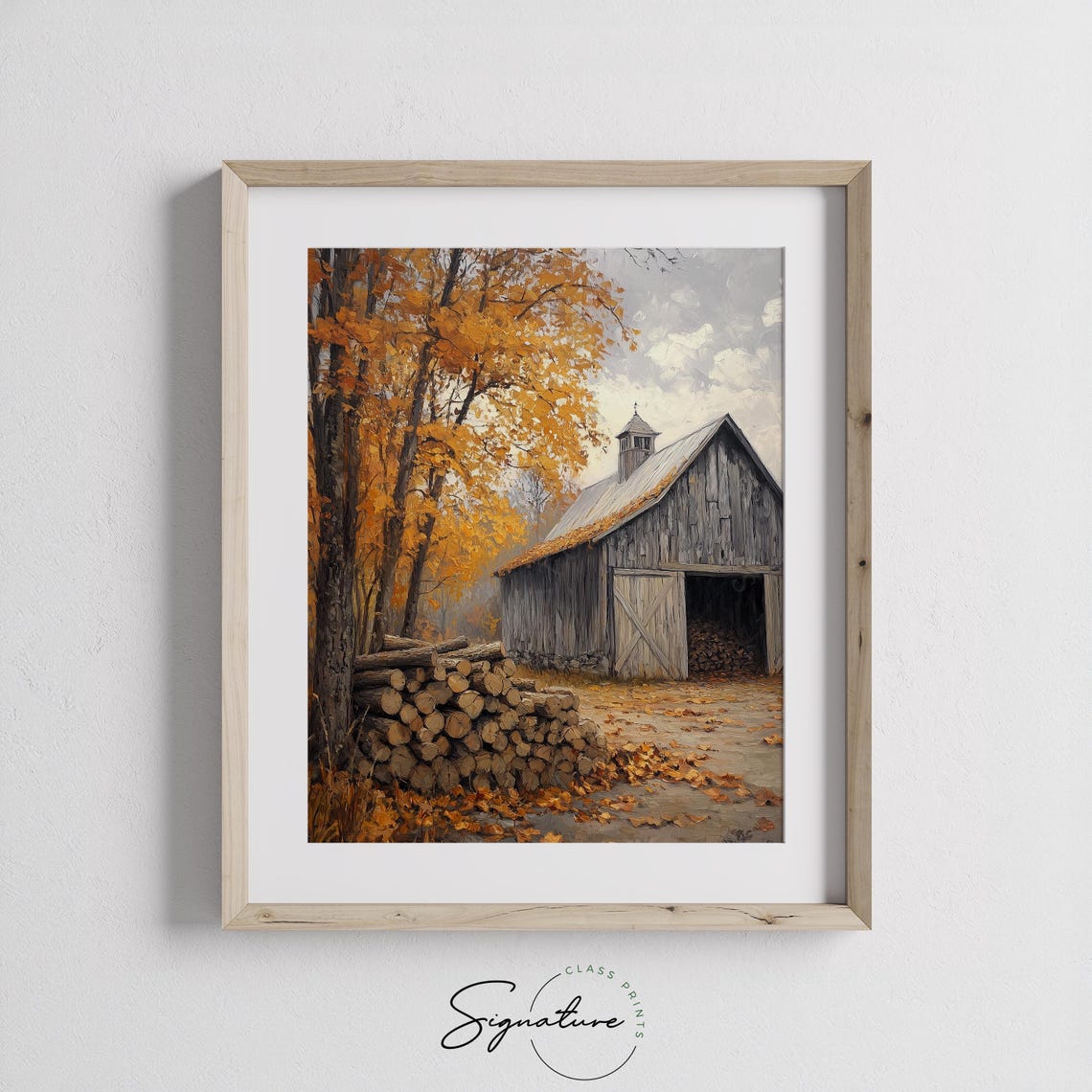 Weathered Barn with Firewood Stack Under Orange Maple Trees Poster - Image 3