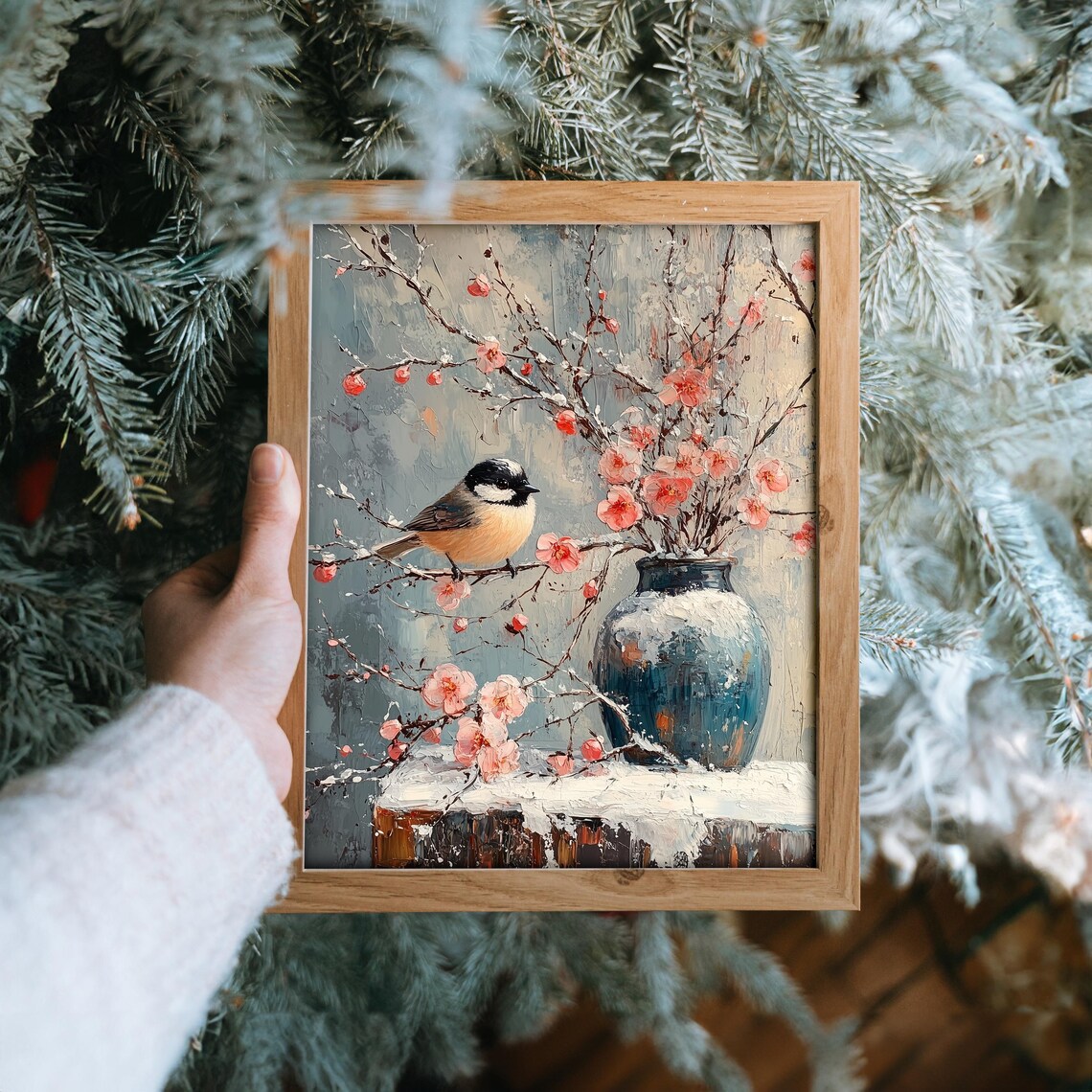 Chickadee Perched on Pink Blossom Branch Winter Oil Painting Print - Image 6