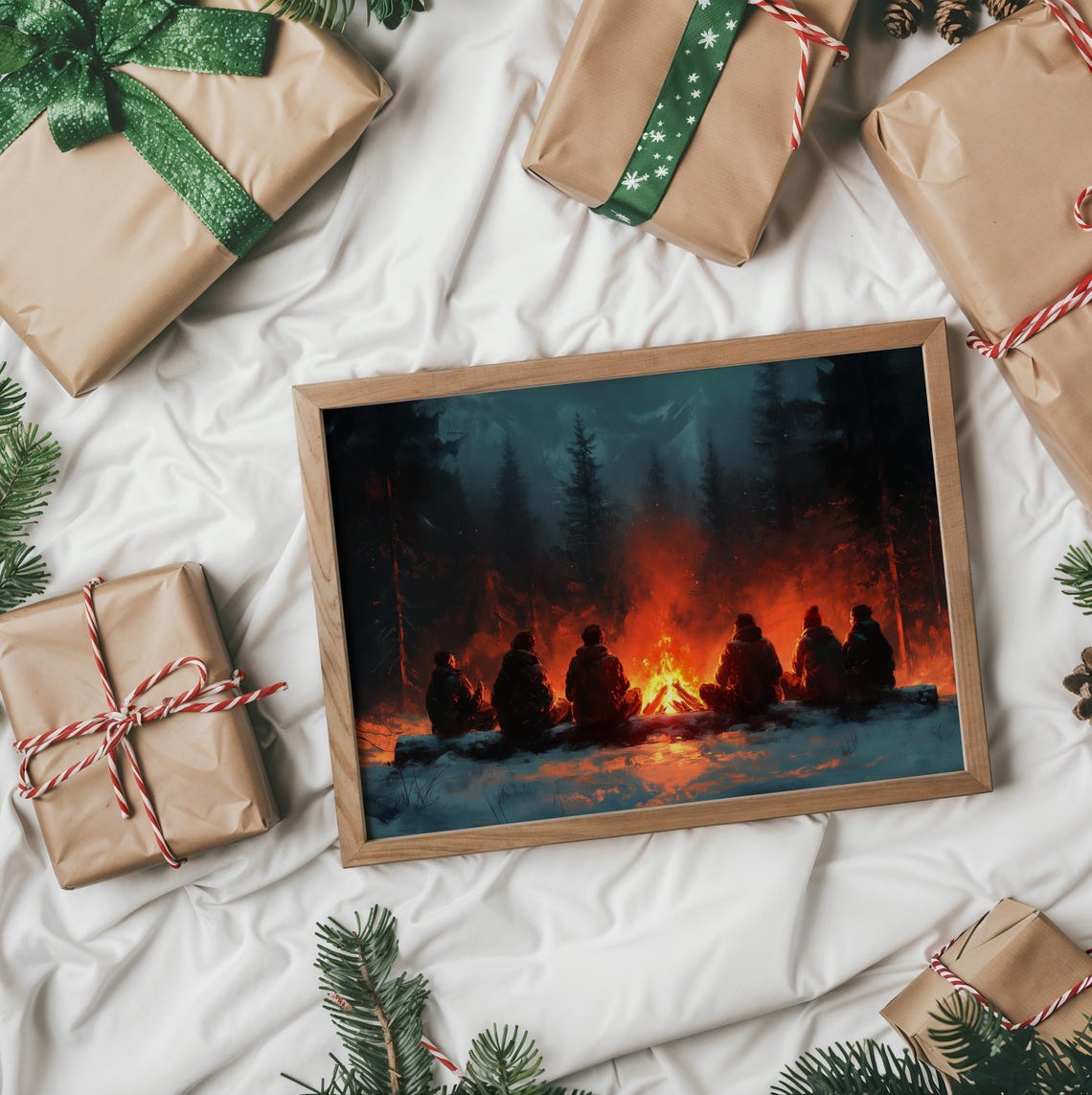 Friends Around Campfire At Night In Snowy Pine Forest Poster - Image 2