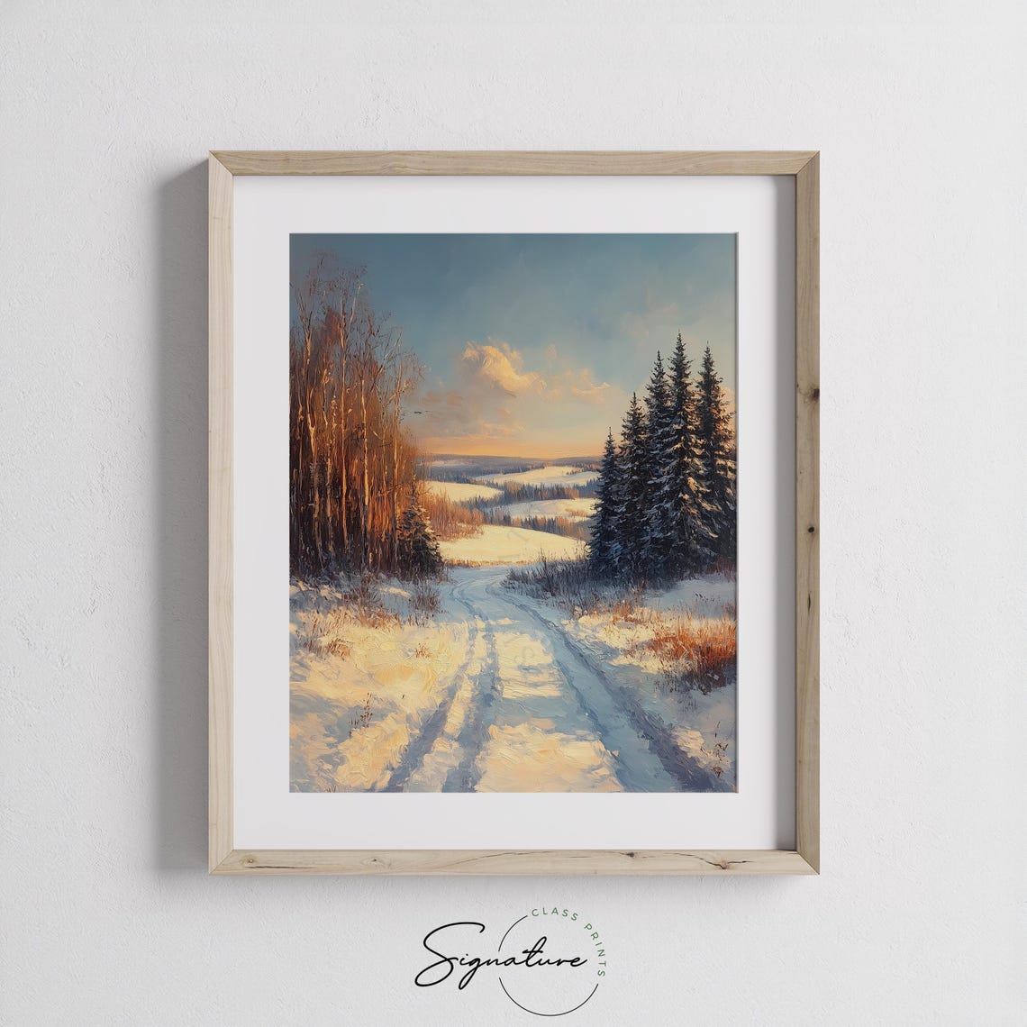 Golden Sunrise over Snowy Forest Road on Winter Morning Poster - Image 2