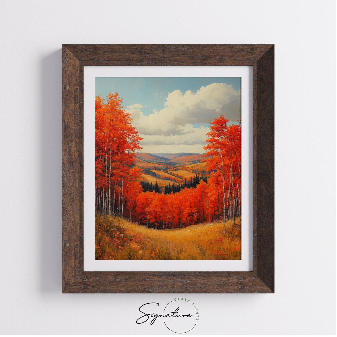 Red Birch Forest Framing Sweeping Autumn Valley and Distant Hills Wall Art - Image 4