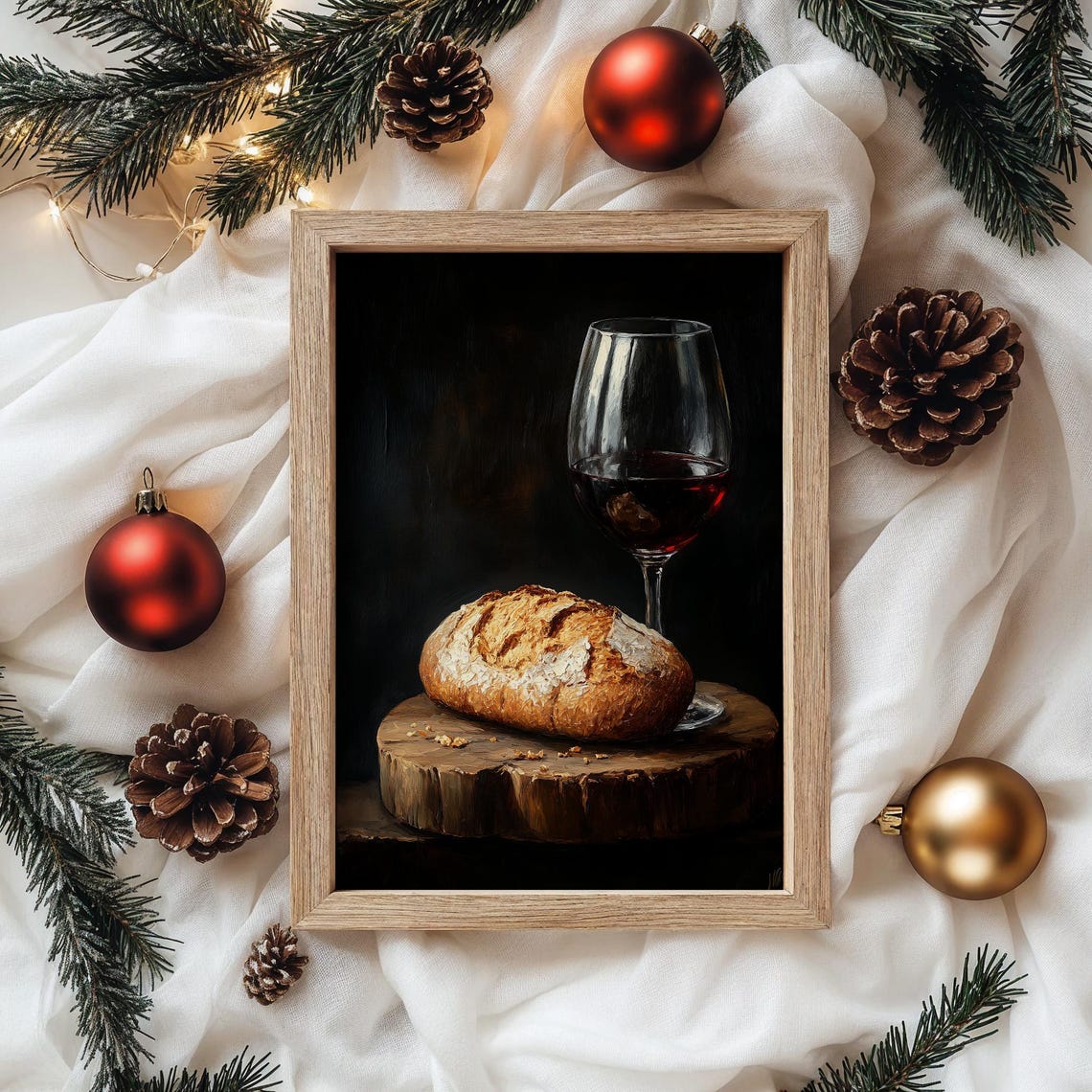 Red Wine Glass And Rustic Bread Loaf Moody Still Life Poster - Image 2