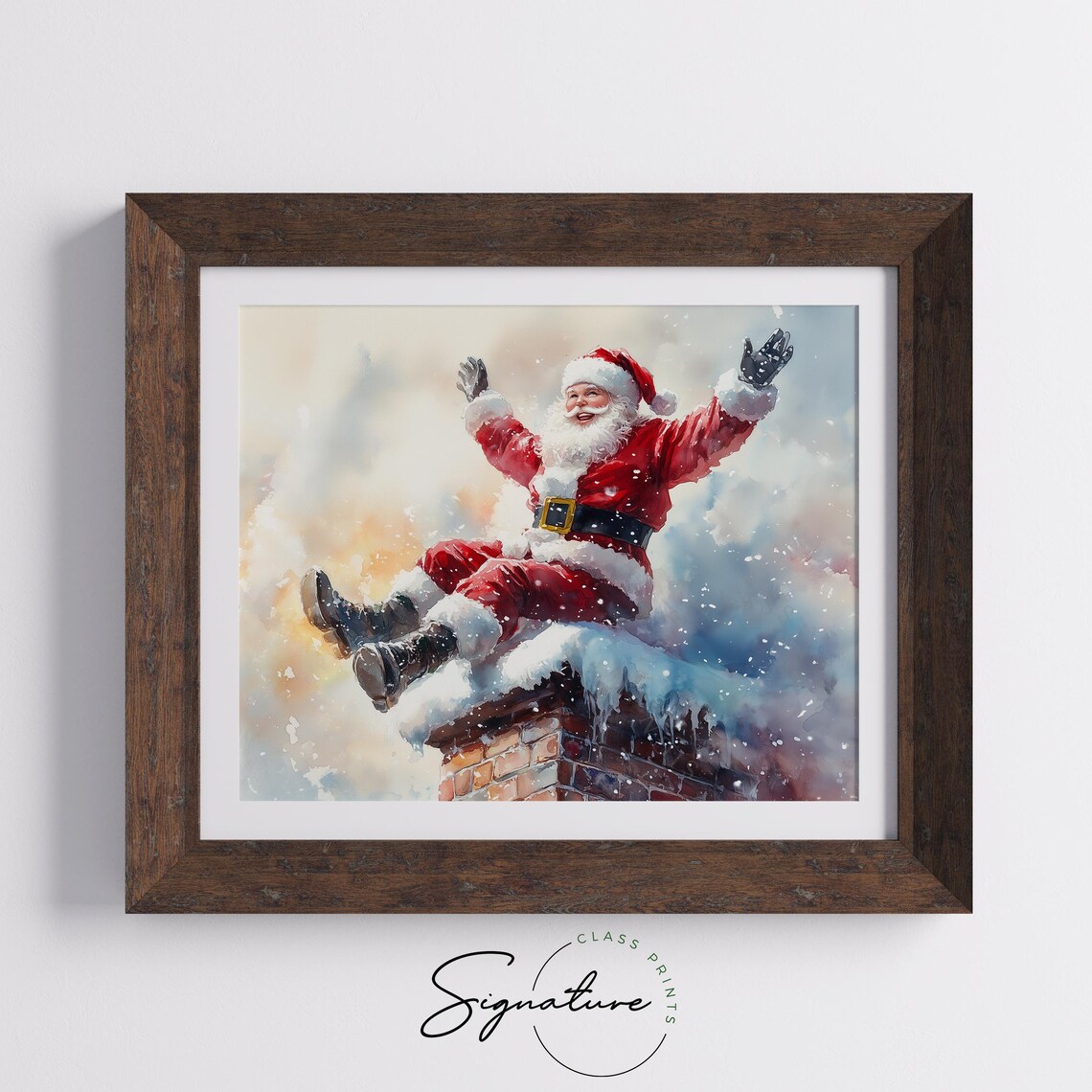 Santa Claus Sitting On A Snowy Chimney With Arms Raised Art Poster - Image 5