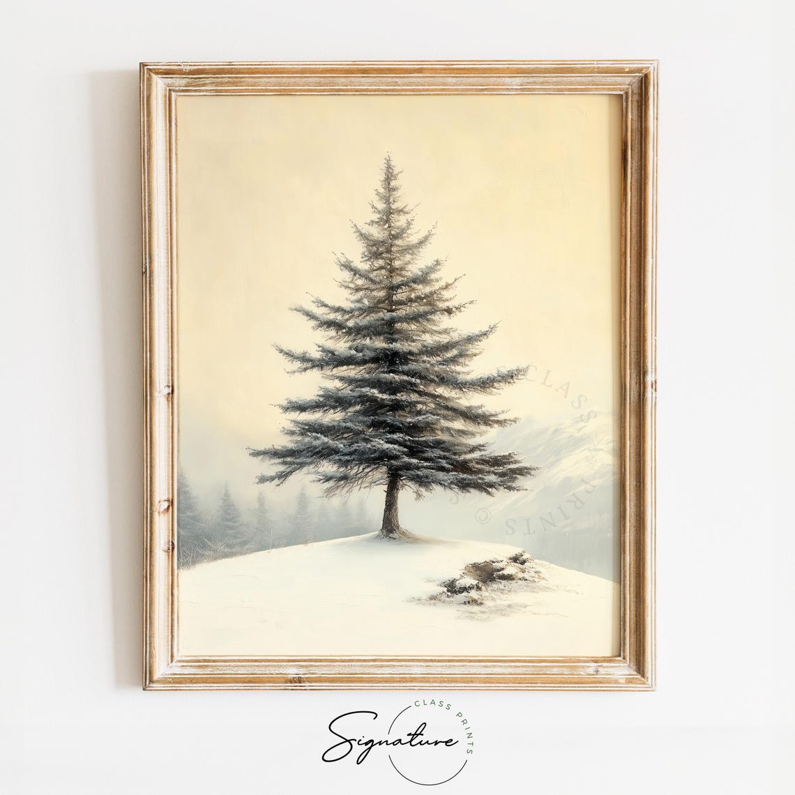 Single Frosted Cedar Tree on Snowy Hill Minimalist Winter Poster