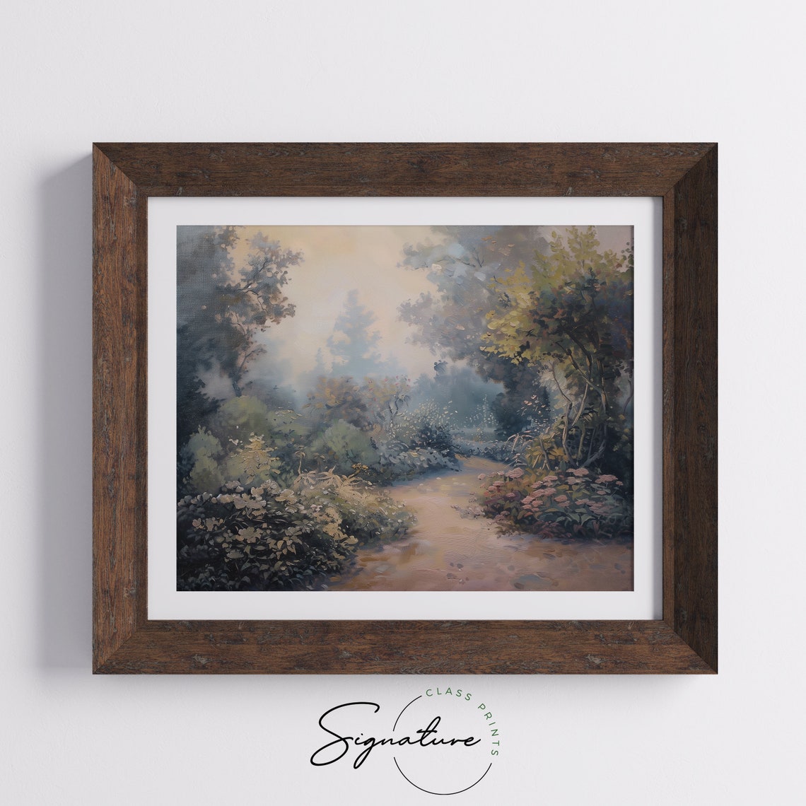 Misty Garden Path Through Blooming Shrubs Soft Impressionist Poster - Image 5