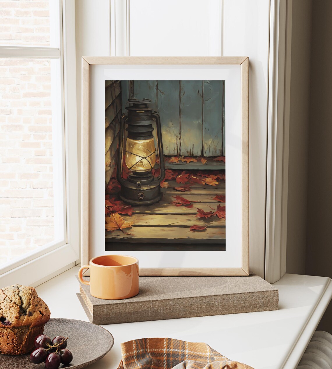 Lit Vintage Lantern On Wooden Porch With Red Autumn Leaves Poster - Image 6