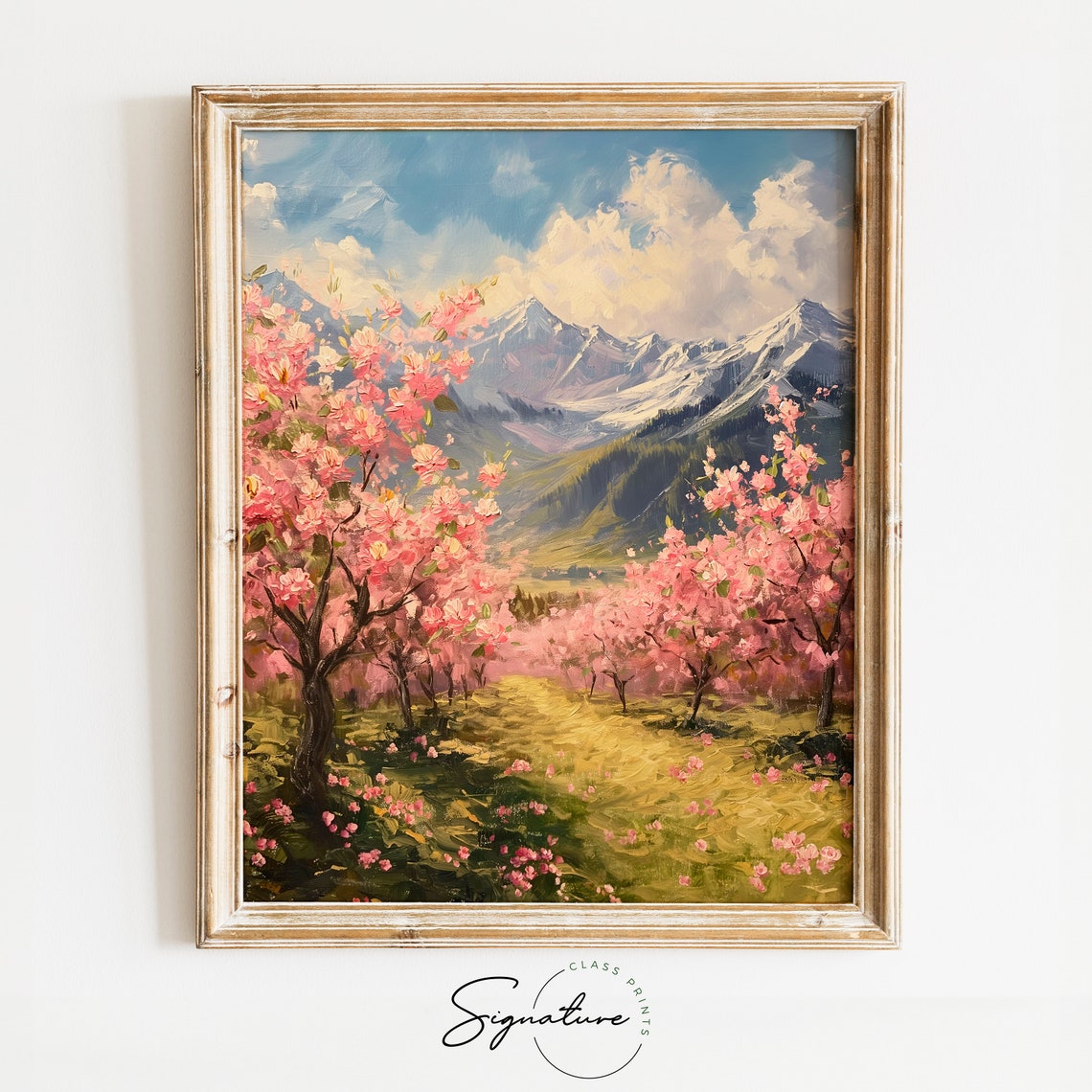 Pink Blossom Orchard Golden Meadow Spring Snowy Mountain Poster