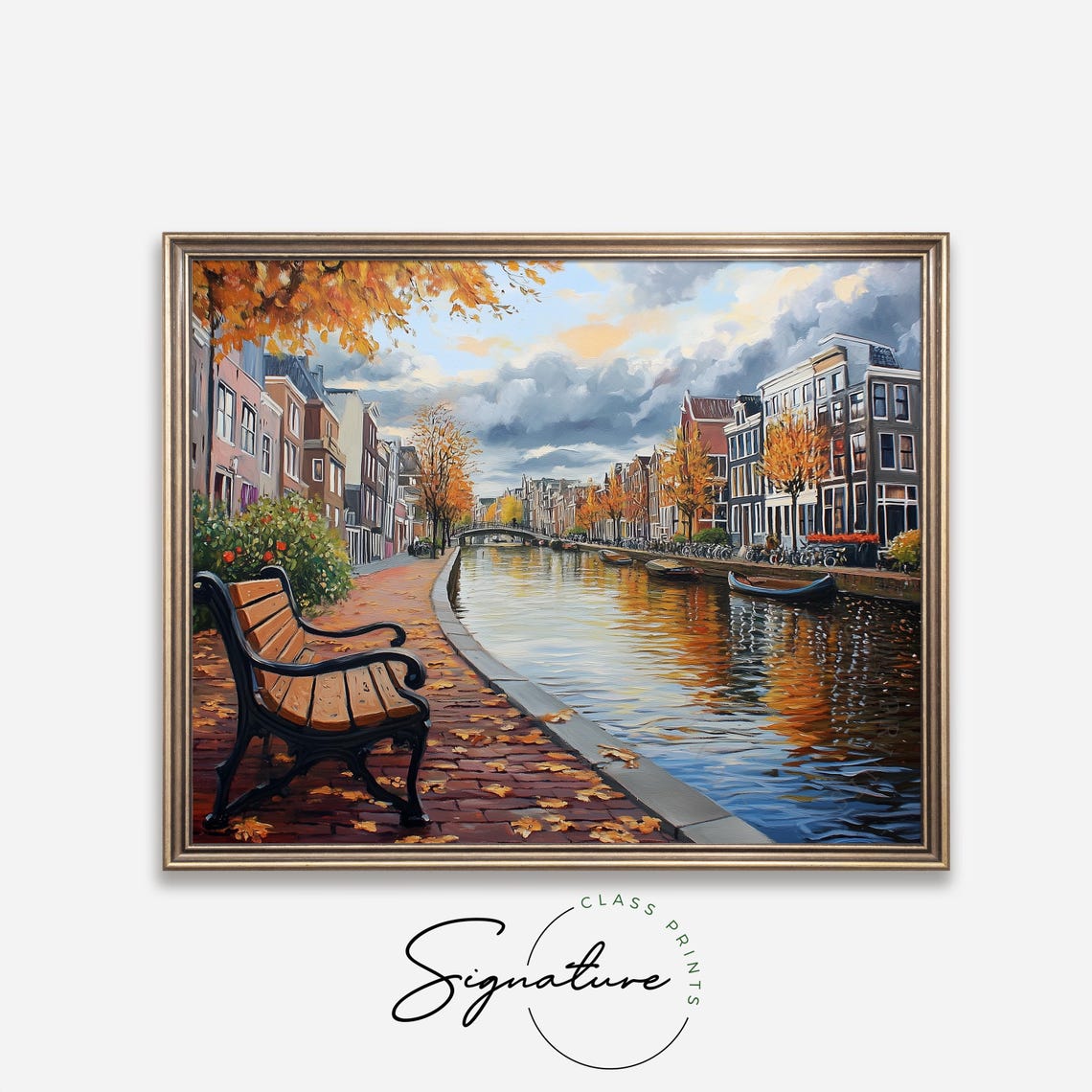 Amsterdam Autumn Canal Bench Golden Trees Fall Waterside Street Poster - Image 2