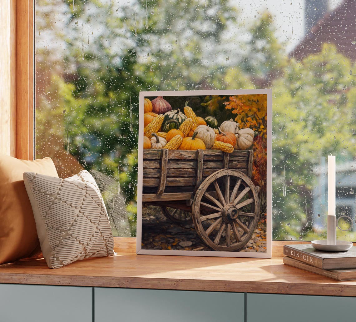Old Farm Wagon Heaped with Pumpkins Corn and Gourds Harvest Poster - Image 2