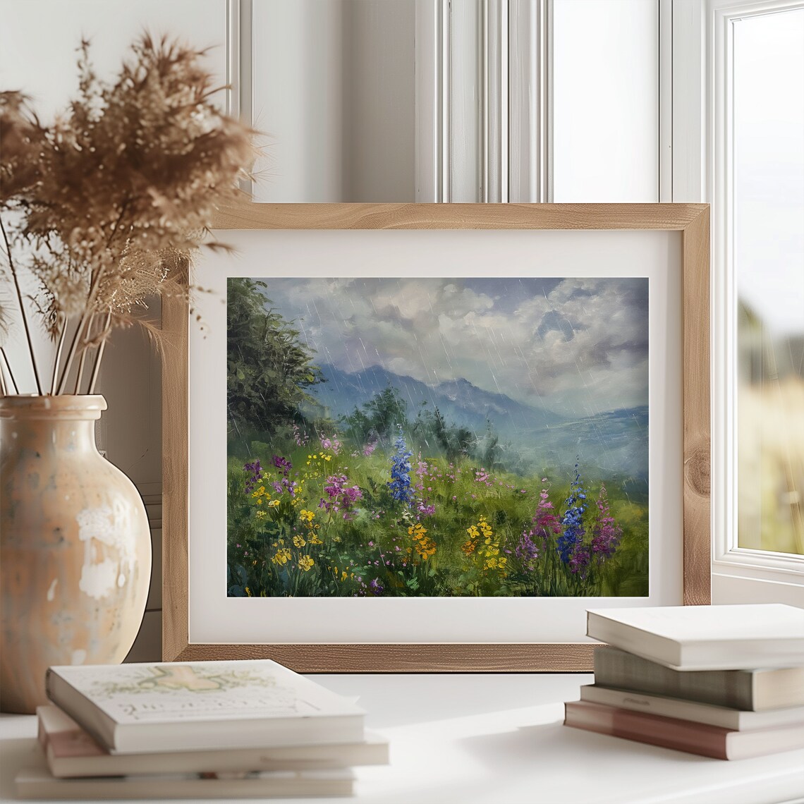 Rainy Day Wildflower Meadow Mountains Purple Yellow Bloom Nature Poster - Image 2