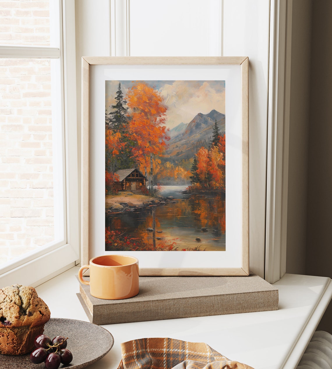 Lakeside Mountain Cabin Ringed By Orange Autumn Trees Art Poster - Image 6