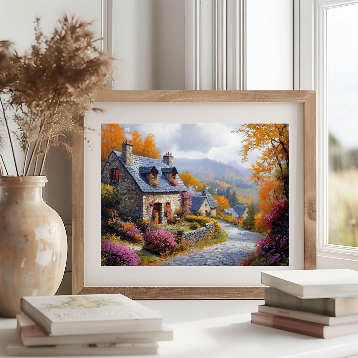 Ivy Covered Stone Cottage Autumn Village Lane Rustic Fall Wall Art - Image 2