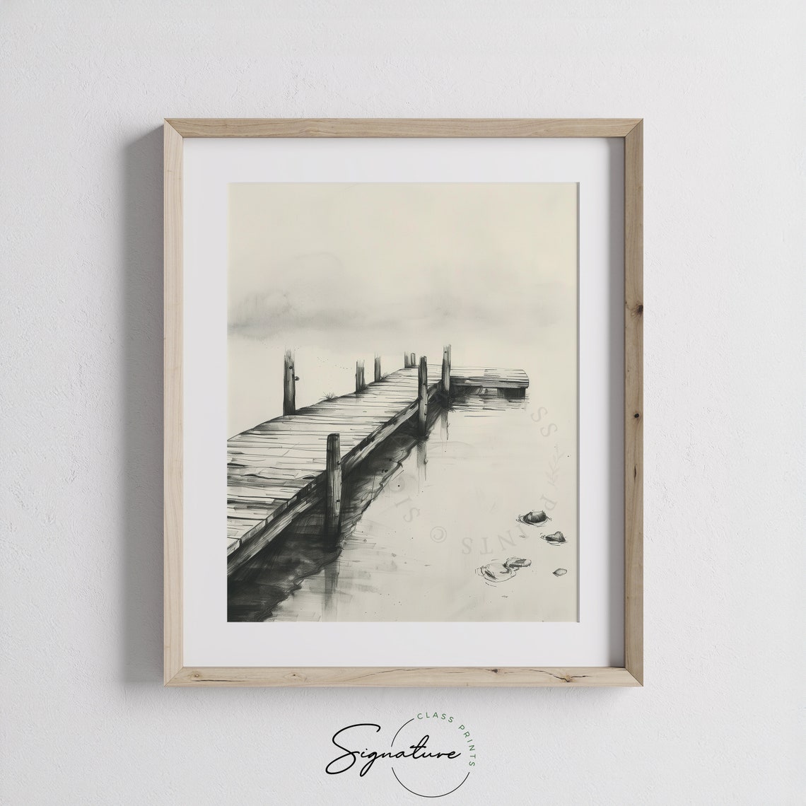 Weathered Wooden Pier In Misty Lake Serene Water Sketch Art Poster - Image 3