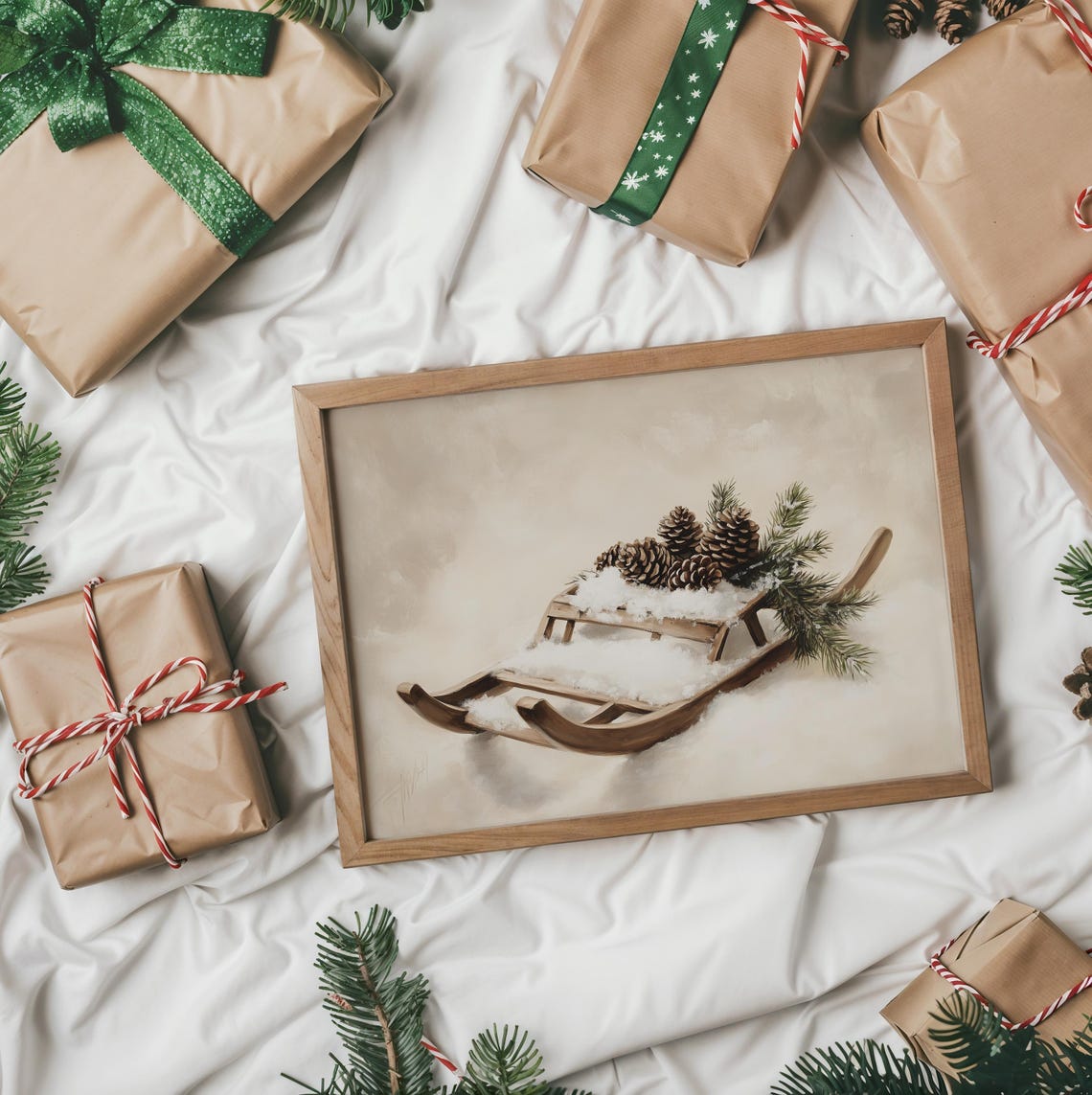 Wooden Sled With Pinecones and Fir Branches Snowy Still Life Poster - Image 2