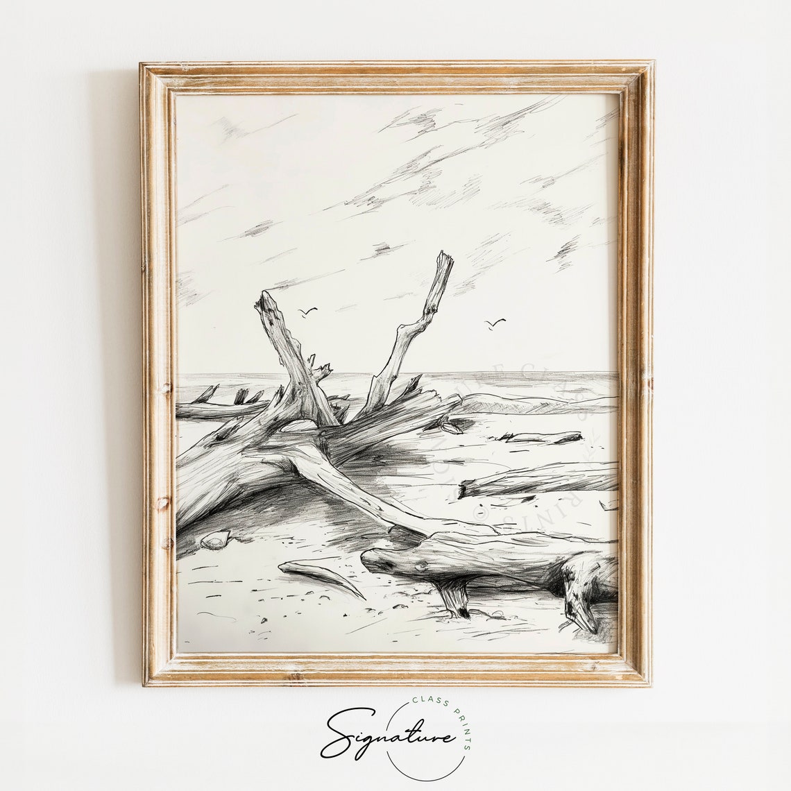 Driftwood On Windswept Beach Seabirds Monochrome Sketch Poster