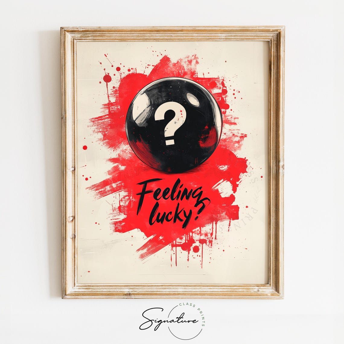 Feeling Lucky 8 Ball Retro Typography Red Paint Splash Wall Art