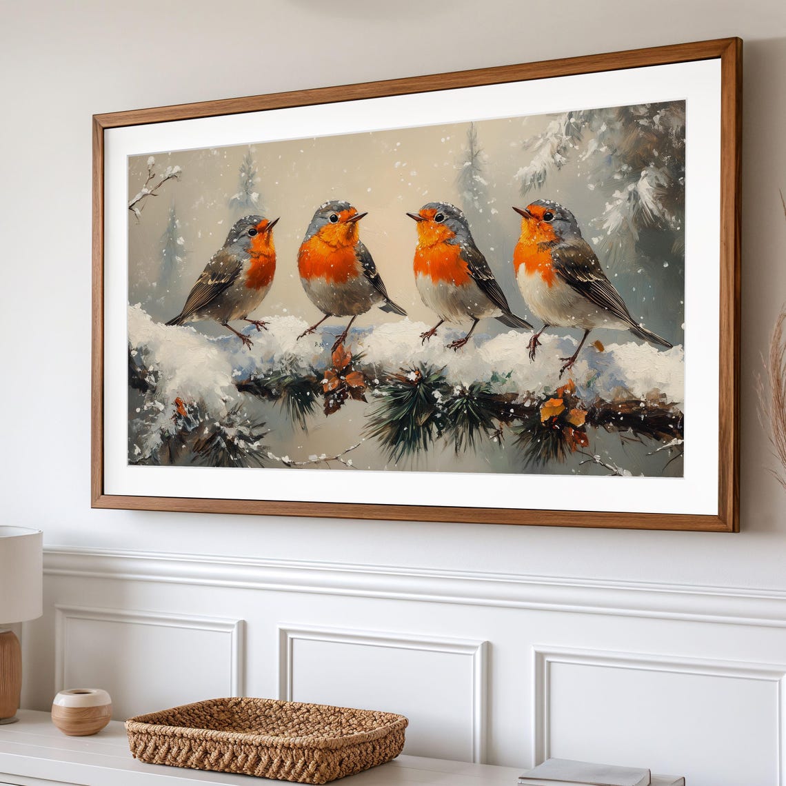 Four Robins on Snowy Branch Falling Snow Rustic Winter Poster - Image 2