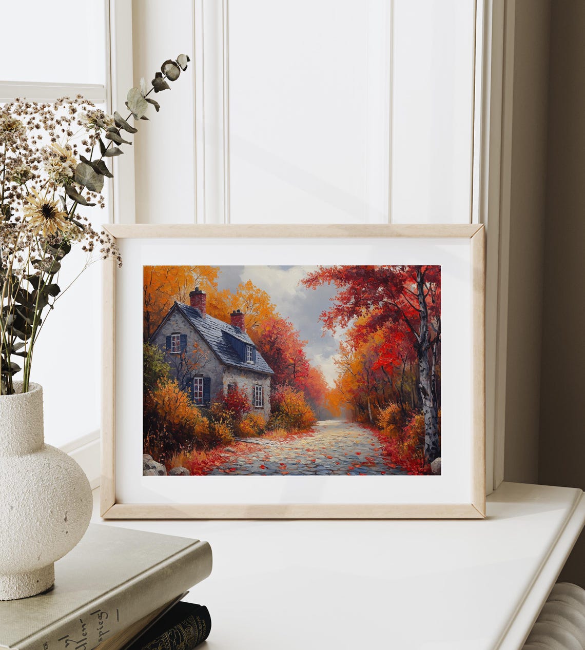 Autumn Stone Cottage Cobblestone Lane Red Maple Trees Fall Wall Art - Image 6