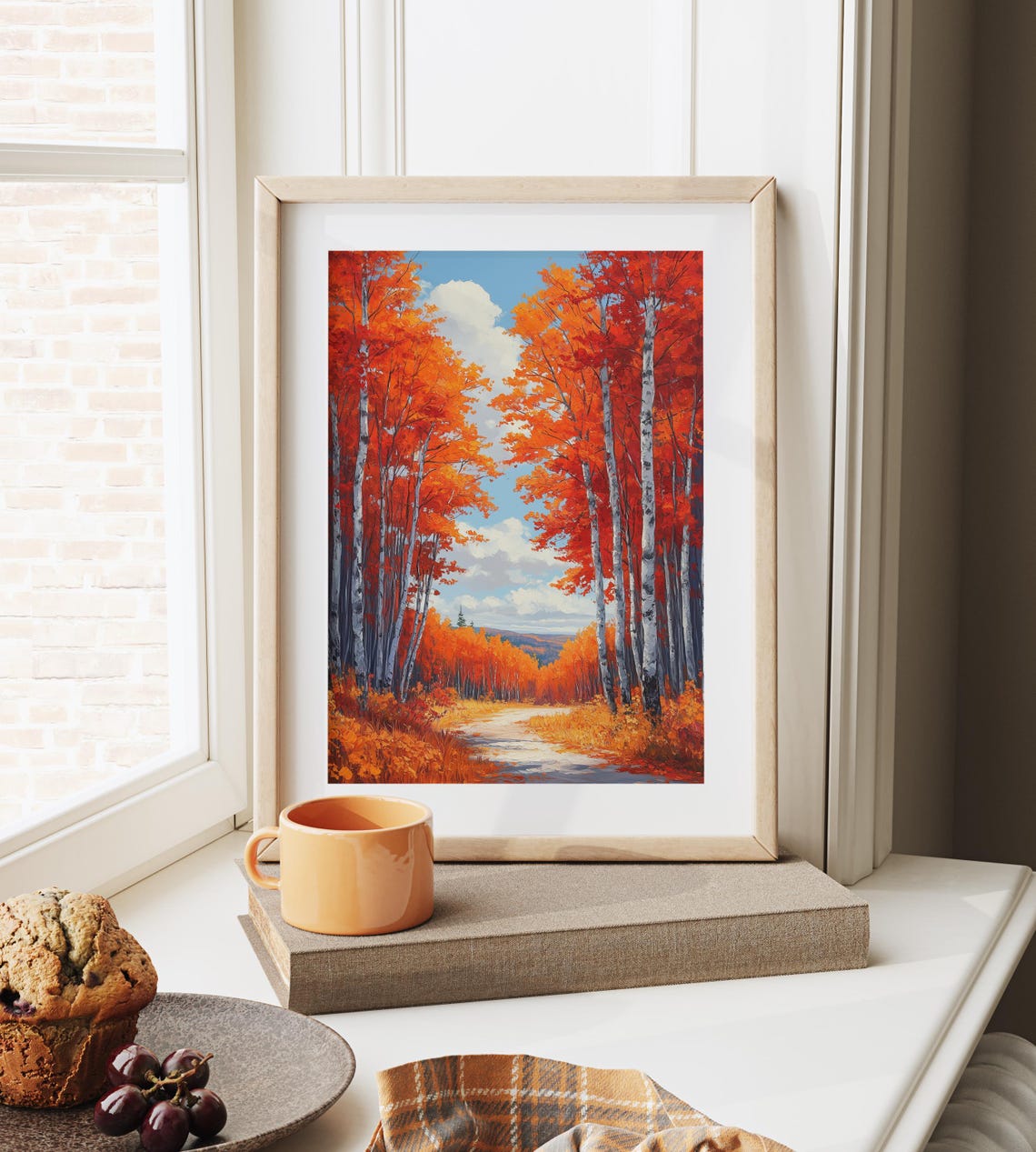 Red Birch Forest Autumn Foliage Winding Sunlit Path Painting Print - Image 6