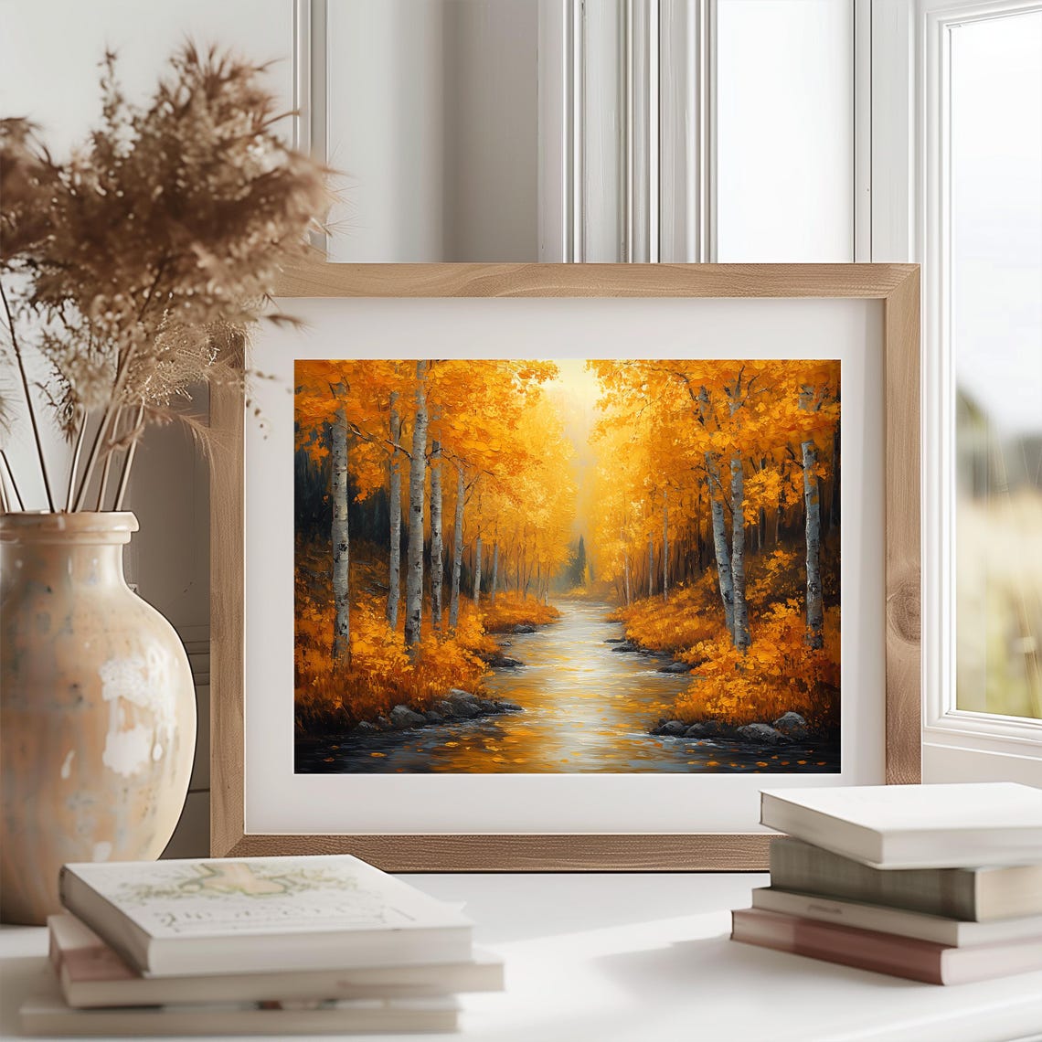 Autumn River Golden Birch Trees Glowing Fall Forest Landscape Wall Art - Image 2