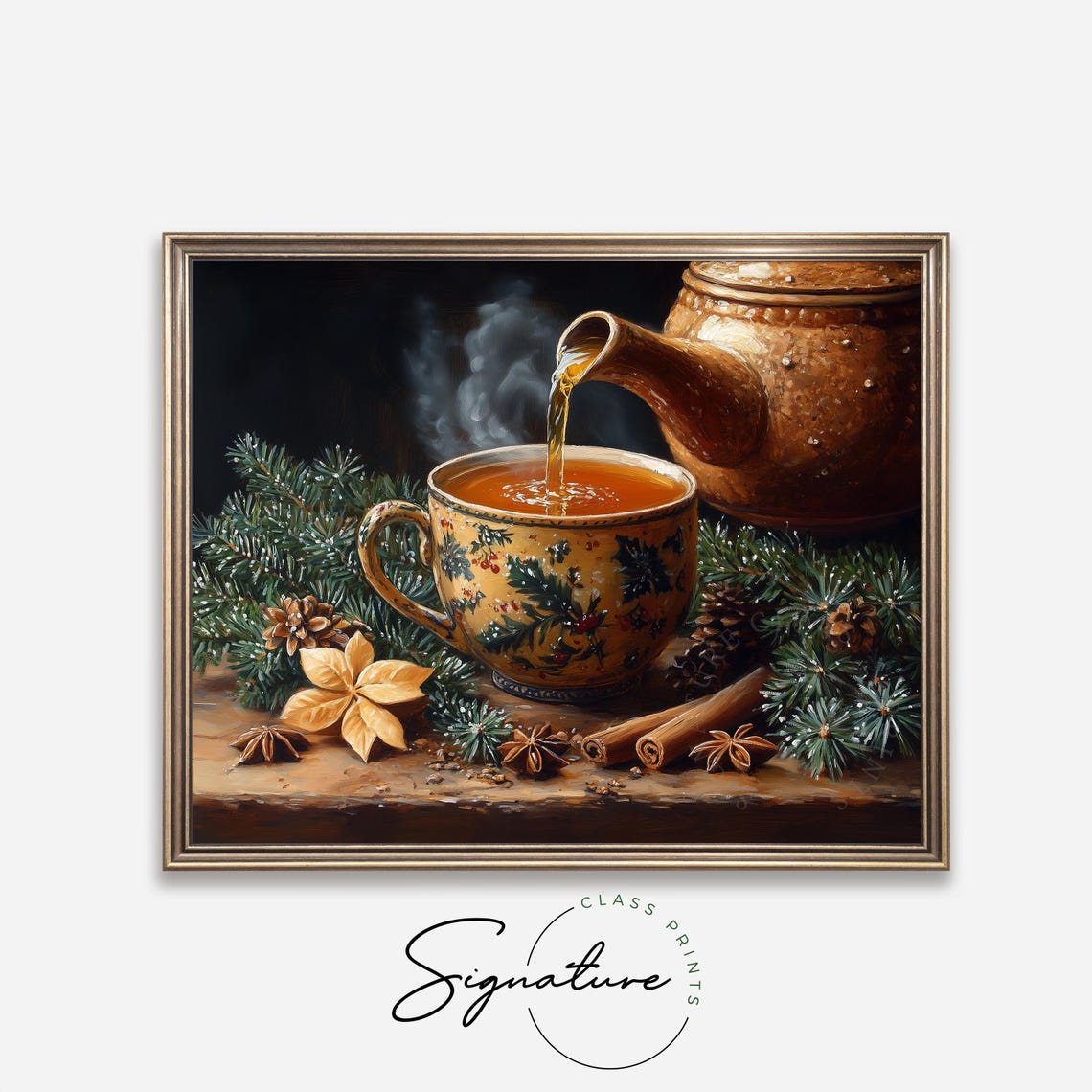 Vintage Teapot Pouring Hot Tea Festive Cup Evergreen Spices Poster - Image 4