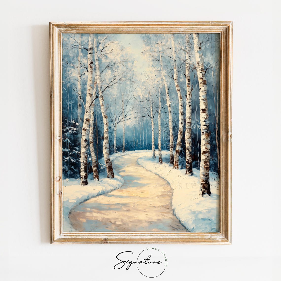 Birch Tree Lined Snowy Lane Curving Through Winter Woods Poster