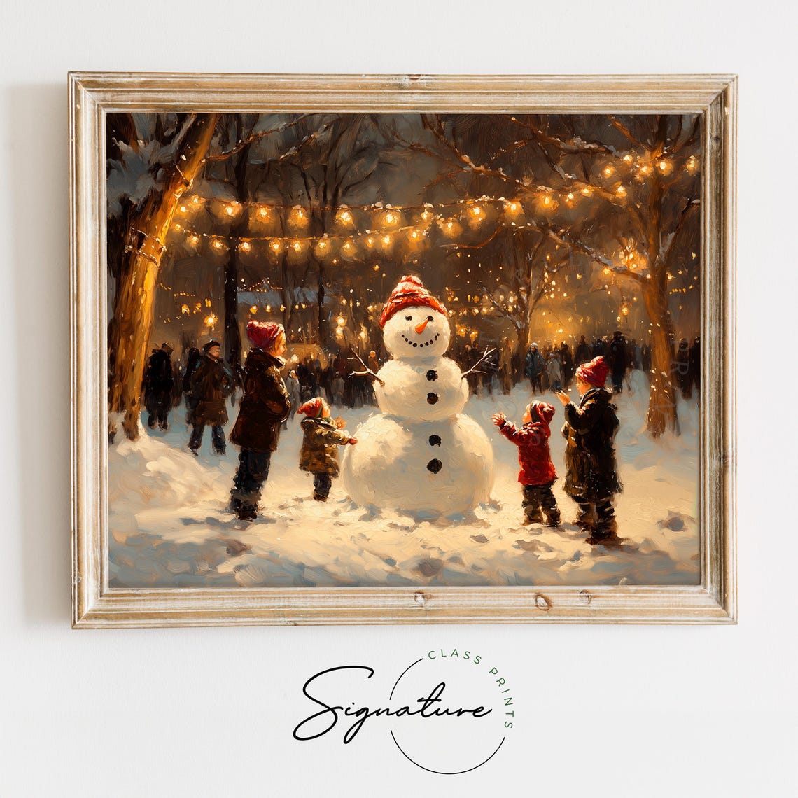 Children Building A Big Snowman Under Twinkling Winter Lights Poster