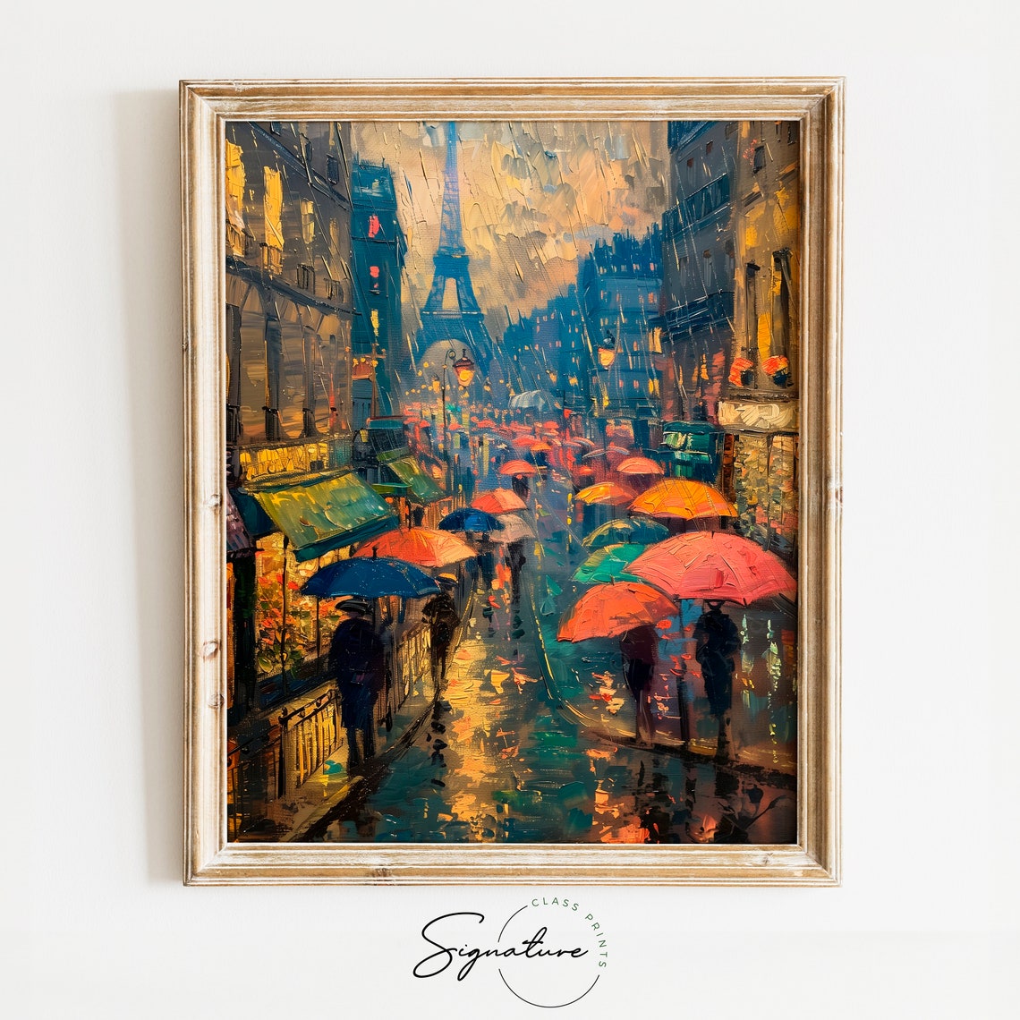 Rainy Paris Street With Eiffel Tower Colorful Umbrellas Art Poster