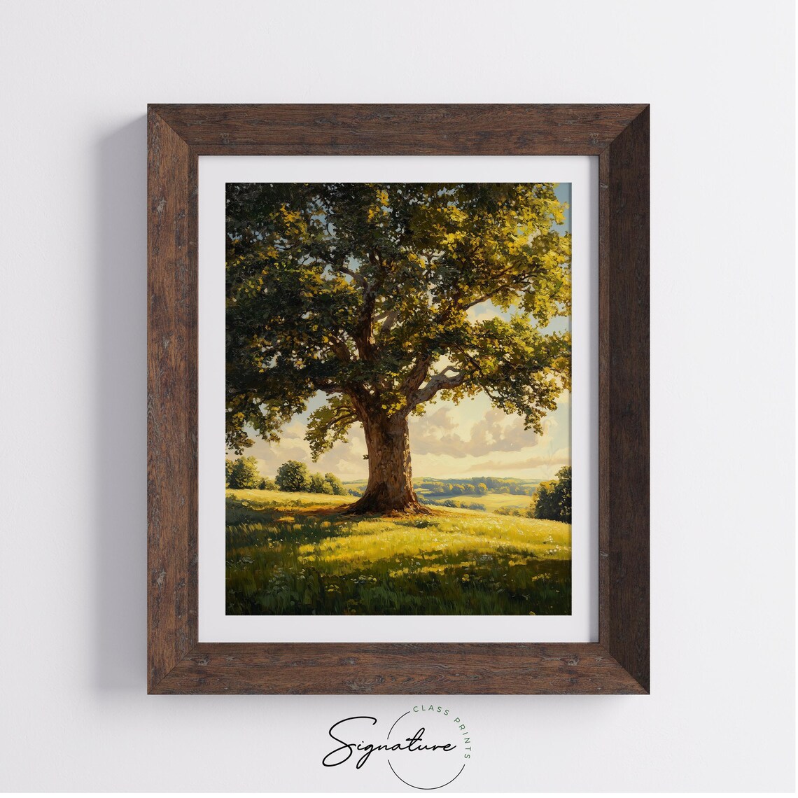 Majestic Oak Tree Sunlit Summer Meadow Countryside Landscape Art Poster - Image 4