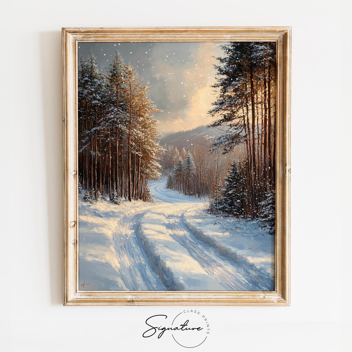 Snowy Forest Road at Dusk with Sleigh Tracks Winter Scene Poster