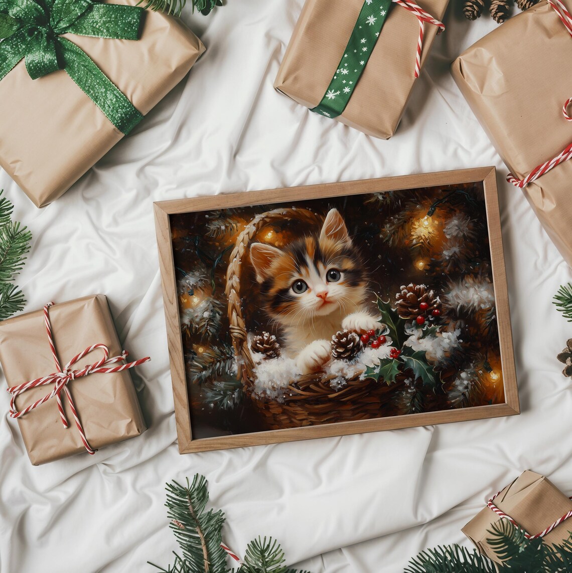 Calico Kitten in Wicker Basket with Holly Pinecones and Berries Poster - Image 2