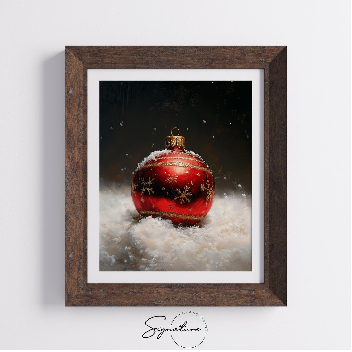 Red Christmas Ornament in Snow Gold Snowflakes Painting Poster - Image 4