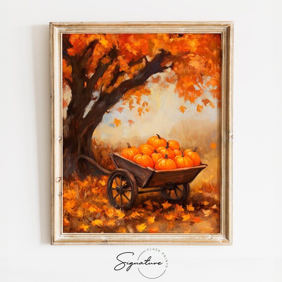 Pumpkin Cart Under a Blazing Autumn Maple Tree Oil Style Poster