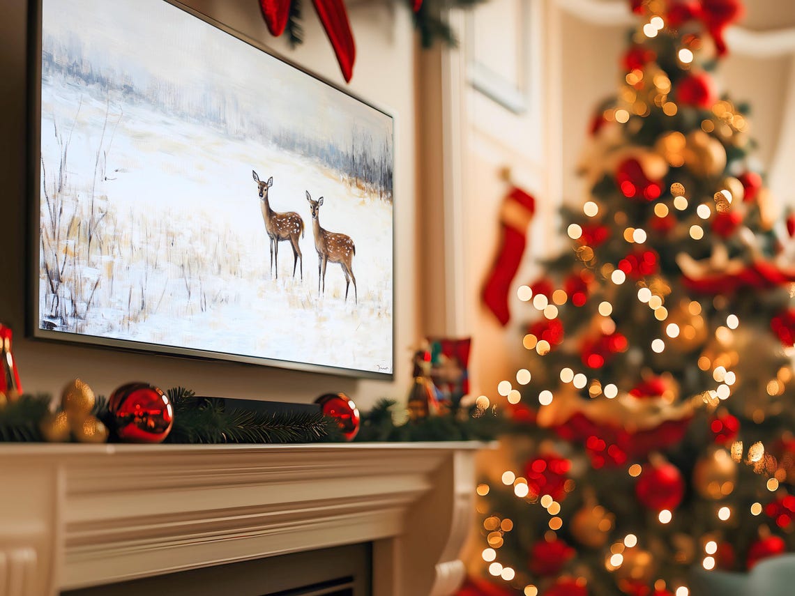 Two Spotted Deer in Snowy Field Misty Winter Morning Scene Poster - Image 5