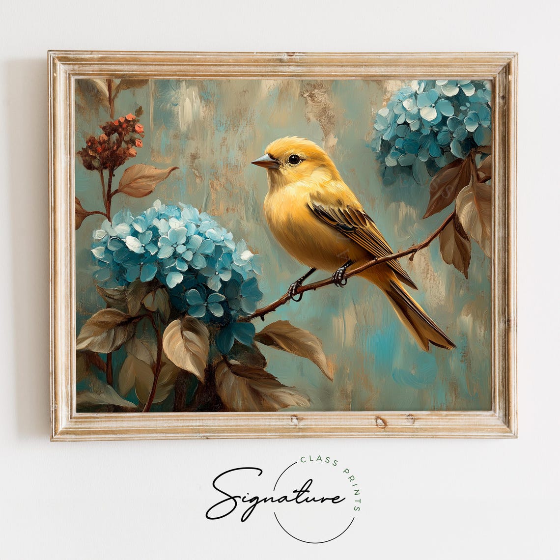 Goldfinch Perched Among Blue Hydrangeas Summer Bird Wall Art
