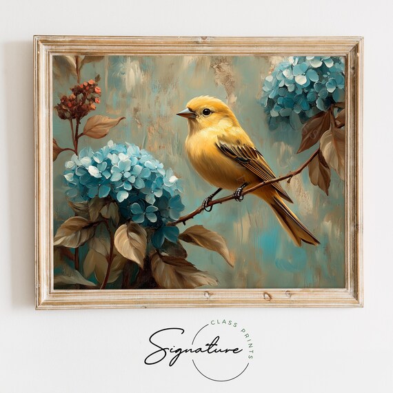 Goldfinch Perched Among Blue Hydrangeas Summer Bird Wall Art