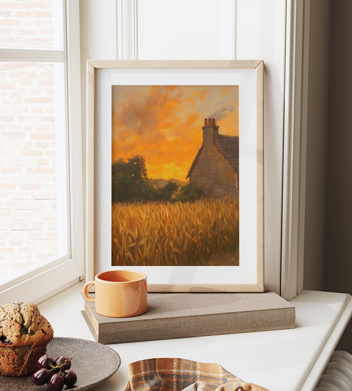 Stone Cottage in a Golden Wheat Field at a Fiery Autumn Sunset Poster - Image 6