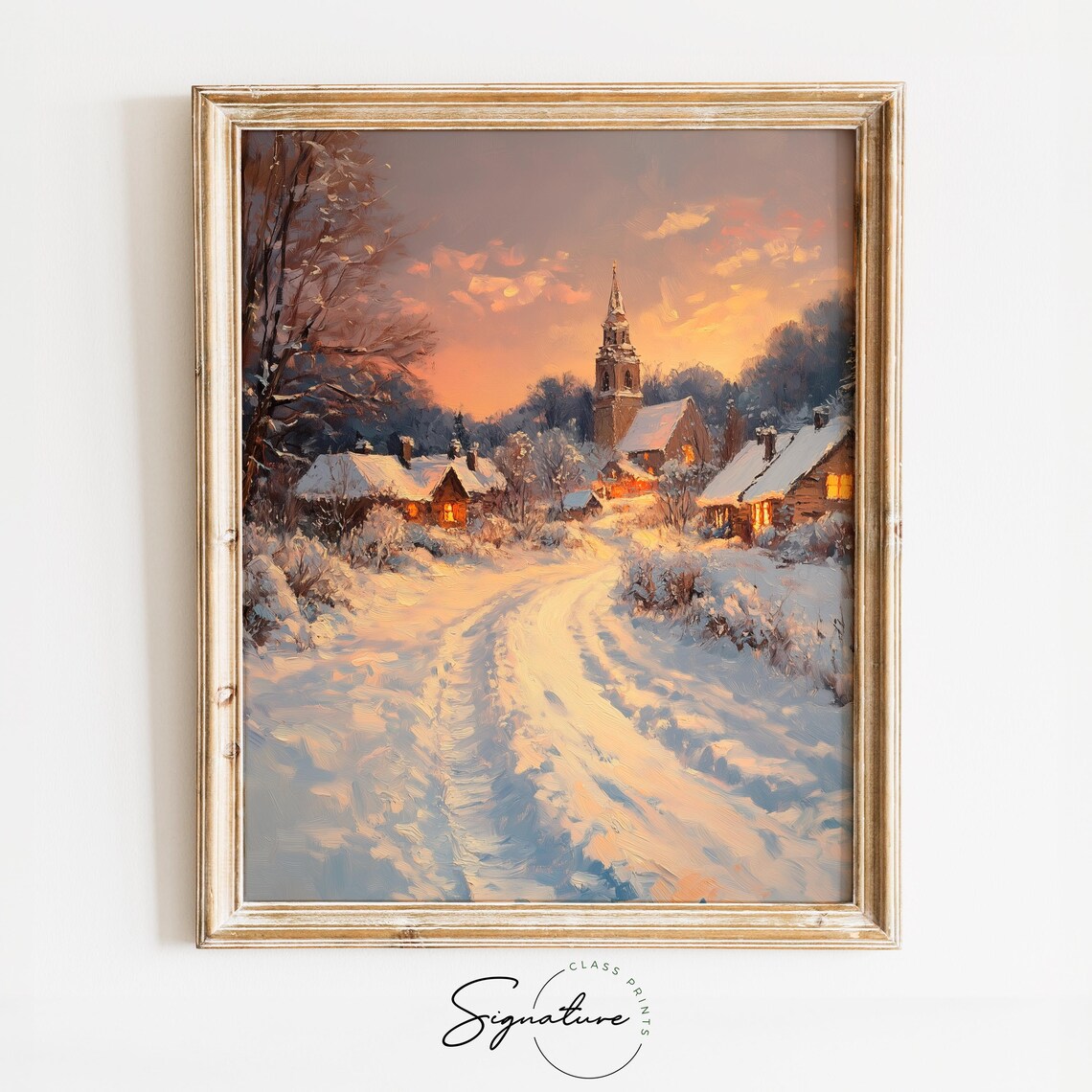 Snowy Village at Sunset with Church Steeple and Cottages Poster