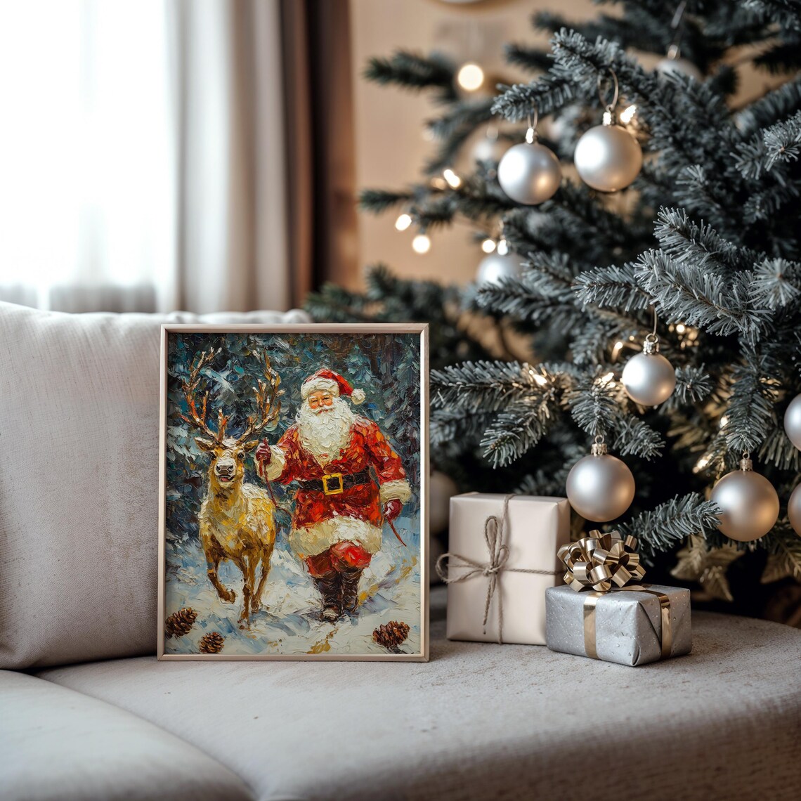 Santa Claus Walking With a Reindeer in a Snowy Forest Poster - Image 5