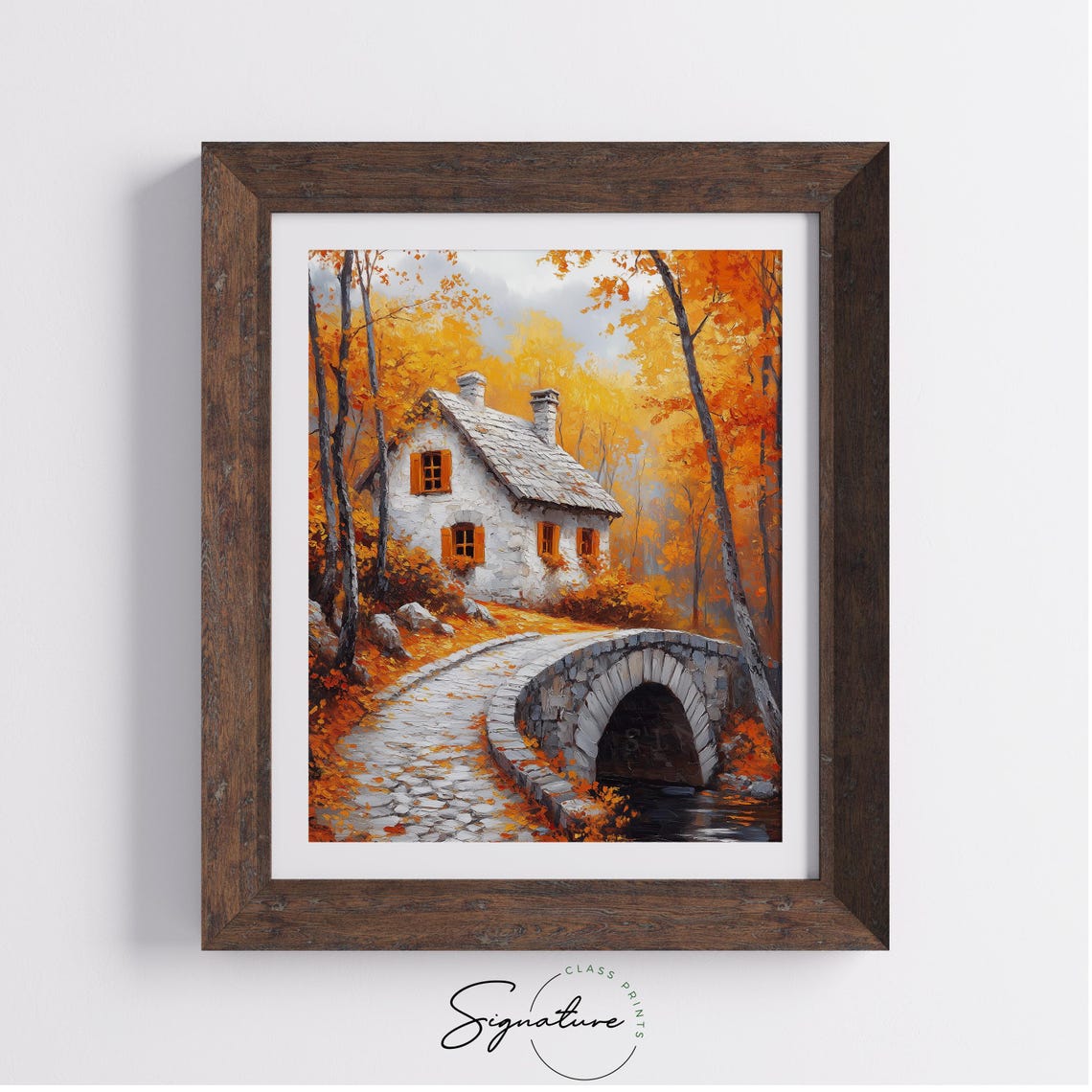 Autumn Stone Cottage Arched Bridge Forest Orange Shutters Poster - Image 4